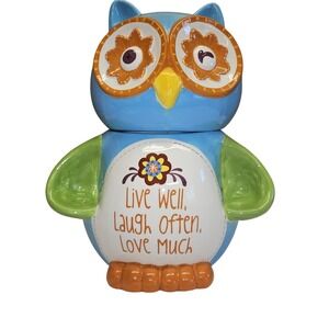 Cracker Barrel Owl Cookie Jar Floral Stitch Work Live Well Laugh Often Love Much